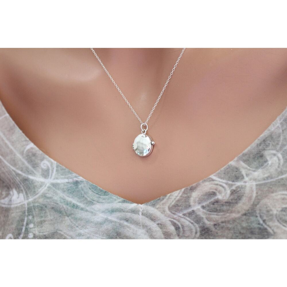 Sterling Silver Large Oval Locket Charm with Hammered Finish Necklace